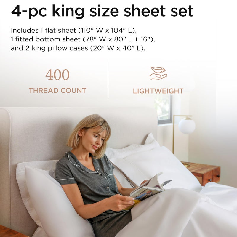 Threadmill Egyptian Cotton Sheets for King Size Bed | 100% Certified Egyptian Cotton King Bed Sheets Set | Snug Fit Elastic Deep Pocket King Sheets Soft, Breathable All Season Solid Sateen | White - Image 2